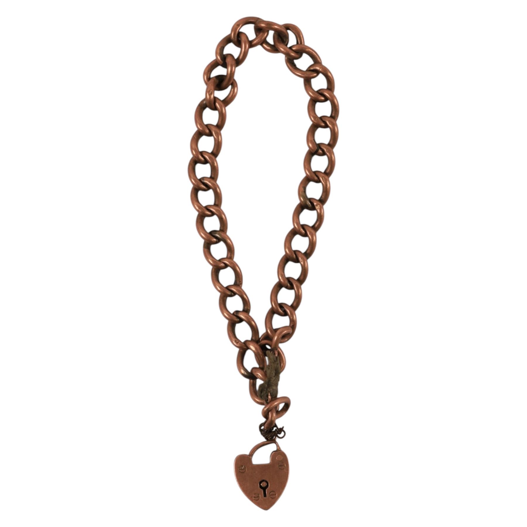 9ct rose gold curb link bracelet with heart padlock clasp, stamped 9ct