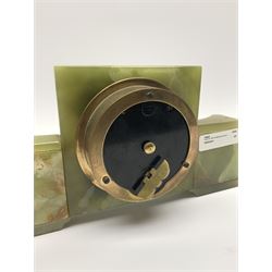Mid to late 20th century green onyx mantel clock timepiece by 'Elliot', the square silver dial with Roman chapter ring, signed 'W. Greenwood & Sons Leeds'