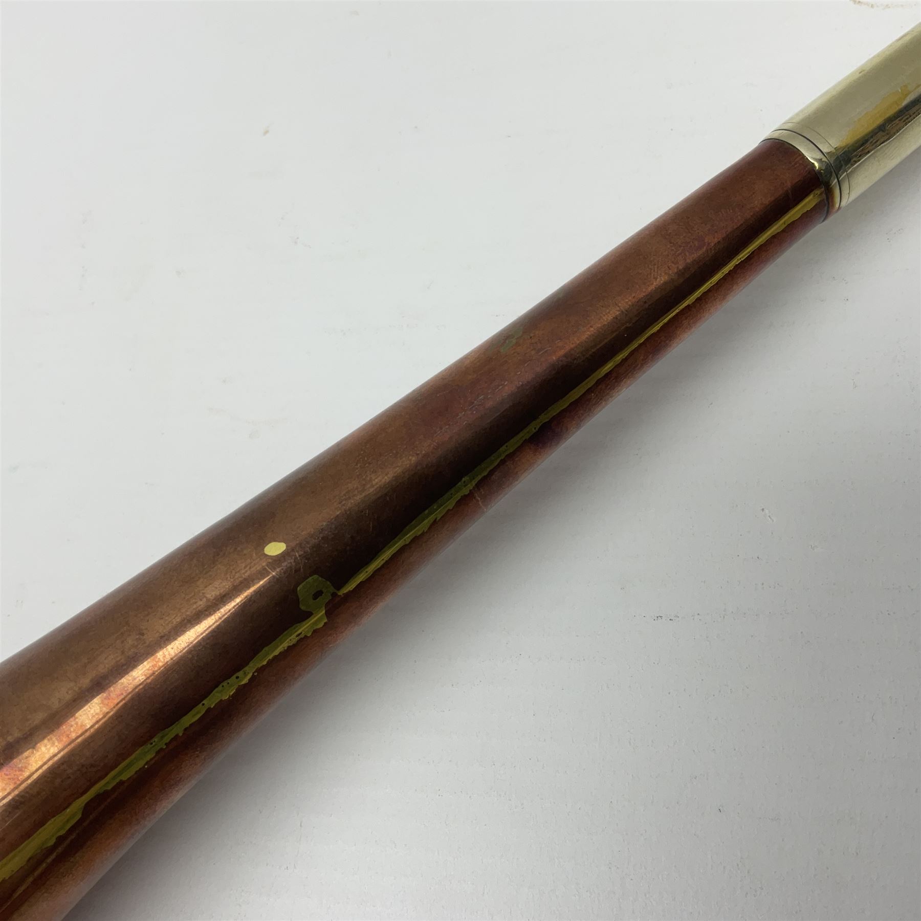 Late 19th century copper and silver plate hunting horn, stamped Swaine & Adeney London Proprietors of Kohler & Son Made in England, L23.5cm