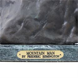After Frederick Remington; The Mountain Man bronzed spelter figure of a native American trapper upon a marble base with plaque, H72cm