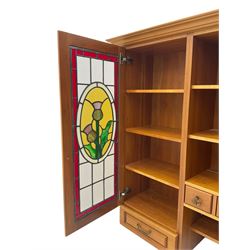 Art Nouveau design cherry wood kitchen wall unit, two leaded glazed doors with stained tulip decoration
