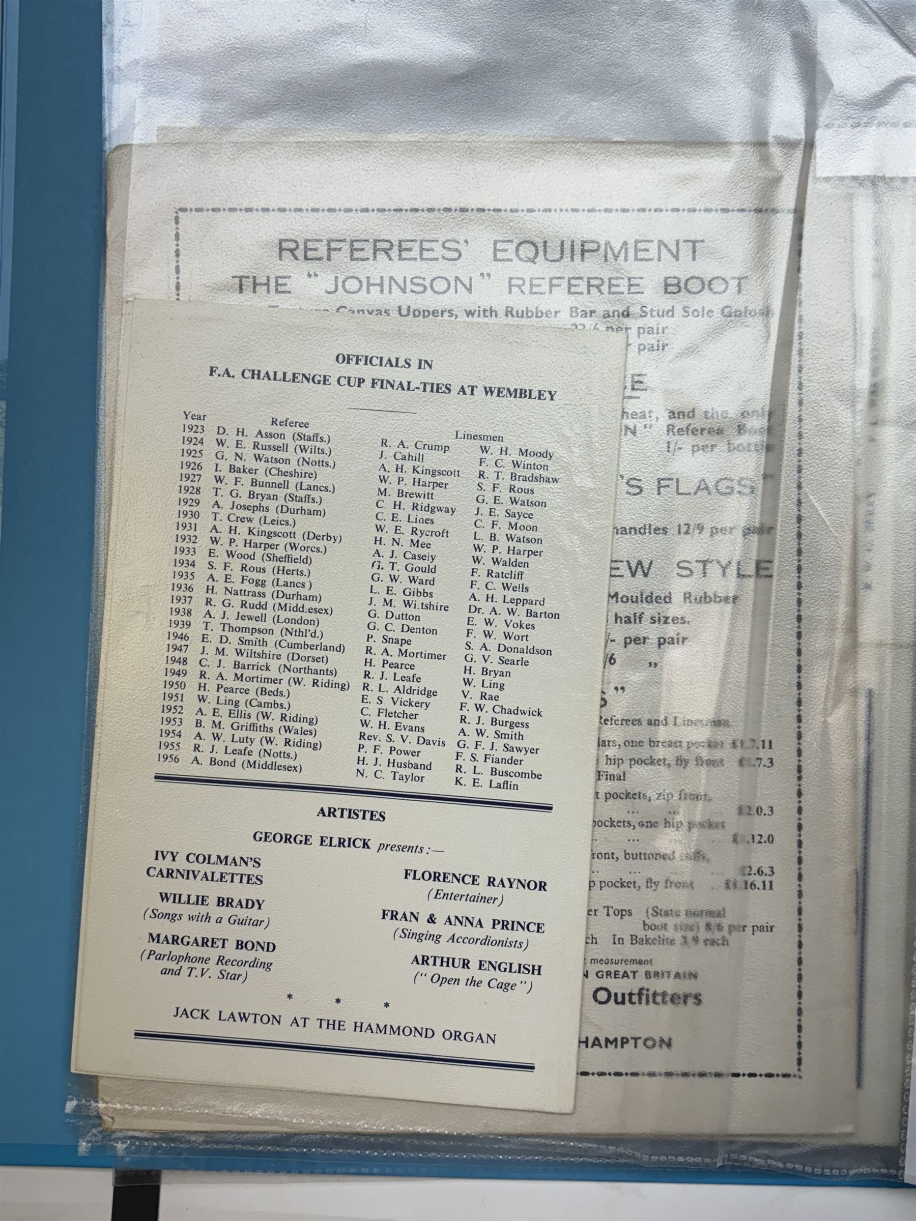 Collection of football memorabilia belonging and relating to the Hull based referee Frank Coultas, including 9ct gold Referee's medal for the 1957 Aston Villa v Manchester United FA Cup Final, inscribed 'The Football Association, F.B Coultas, F.A. Challenge Cup Competition, Final Tie 1957', hallmarked and in original case; the kit worn by him to referee the 1957 FA Cup Final and ephemera relating to the match including photographs, programmes and tickets; together with other football memorabilia collected by Frank Coultas, including programmes, photograph and ticket stubs, with some items relating to the 'Busby Babes'