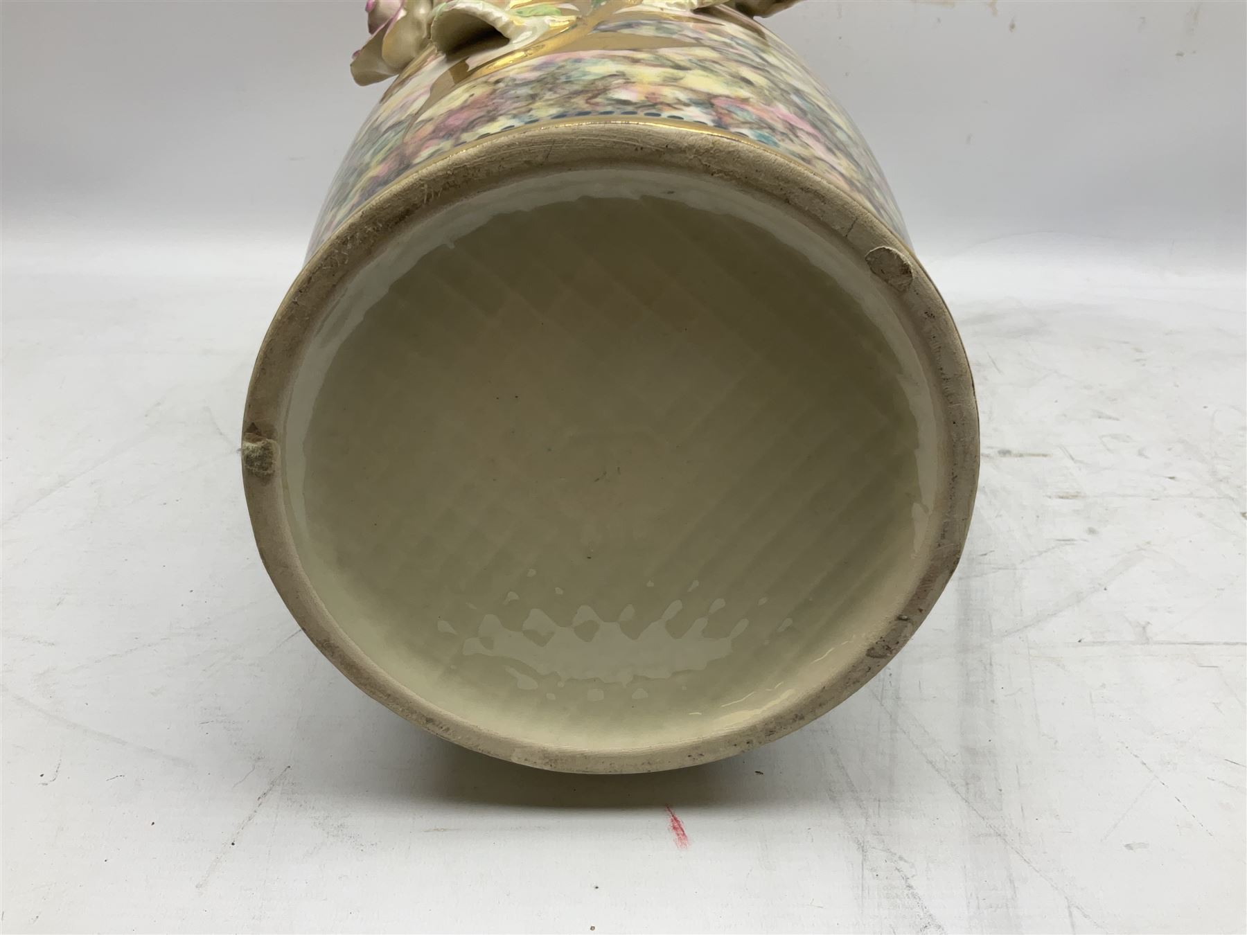 Mid-late 20th century French vase of baluster form by M. Depose, with applied floral decoration and gilding, and twin handles, with impressed mark beneath, H55cm