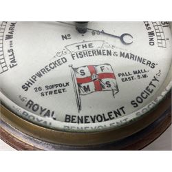 Mid-20th century oak cased Marine Aneroid Barometer, made by Dolland London, with white ceramic dial inscribed No.954, with black lettering and red detail to flag, also inscribed `Shipwrecked Fishermen & Mariners' Royal Benevolent Society D16.5cm