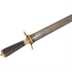 German hunting hanger, with 55cm double edged blade half etched on both sides with scrolling patters and bird, brass hilt with and leather handle with copper wire winding, overall L69cm 