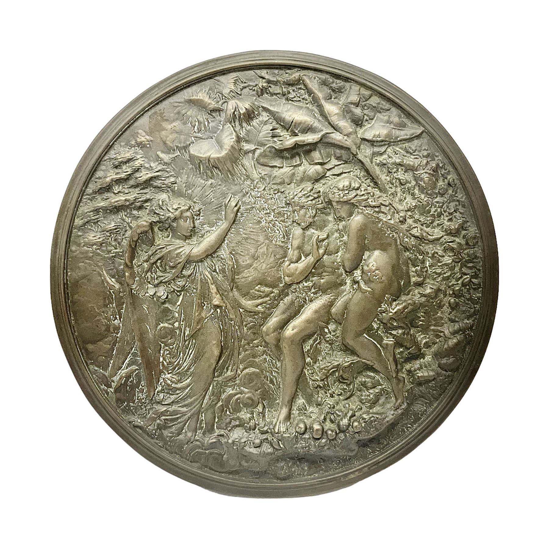 Late 19th century bronze plaque, of circular form, depicting the angel appearing to Adam and Eve in the garden of Eden in high relief, D25.5cm
