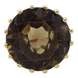 9ct gold single stone large round smokey quartz ring, hallmarked