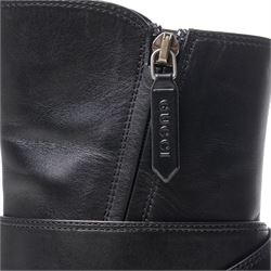 Gucci - pair of Dionysus ankle black leather boots with block heels, with signature silver tone tiger head buckle fastening and full length zip, size 37½, total boot height 24cm, with original box and dust bags