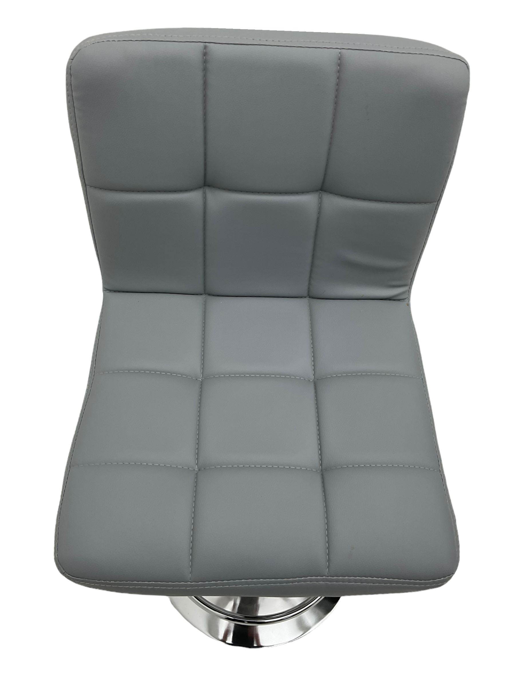 Pair contemporary bar stools, upholstered in grey, on polished metal base