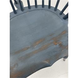 D.R. Dimes Furniture - set six American Windsor dining chairs, hoop and stick back on dished saddle seats, turned supports jointed by H stretchers, stamped underneath 'D.R.Dimes', two carvers and four side chairs