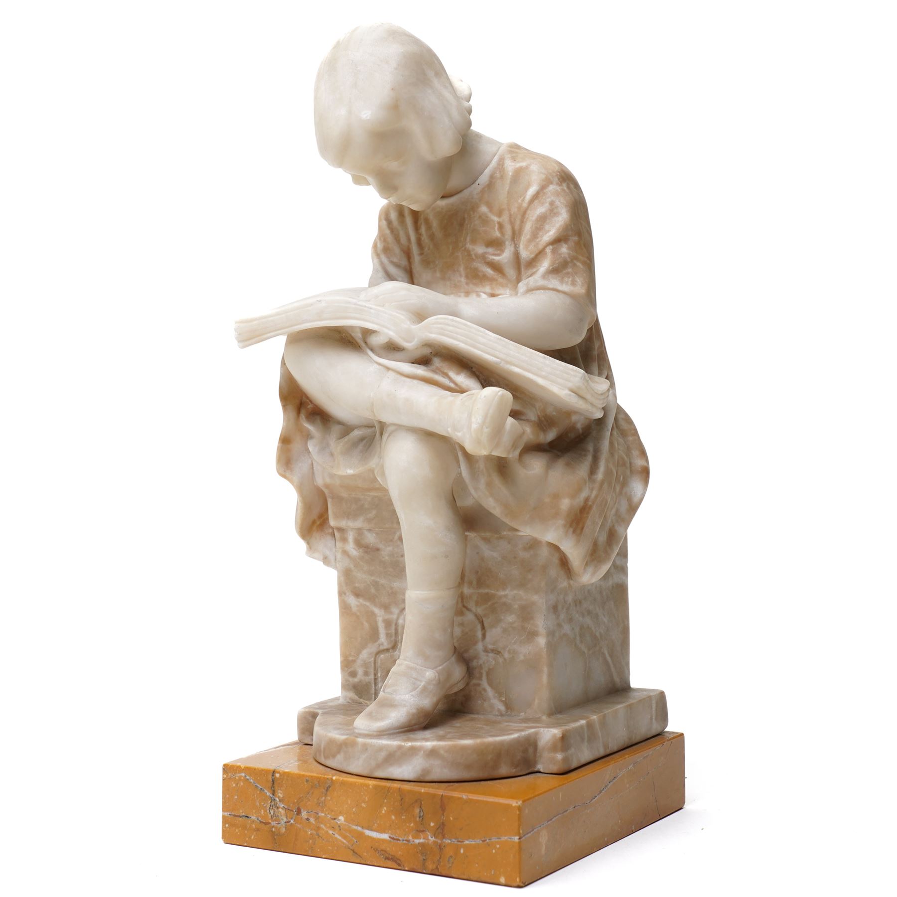 Attrib. Ernst Paul Hinckeldey (German 1893-1953): Girl Reading, alabaster sculpture bearing signature to plinth verso, on marble base H29cm 