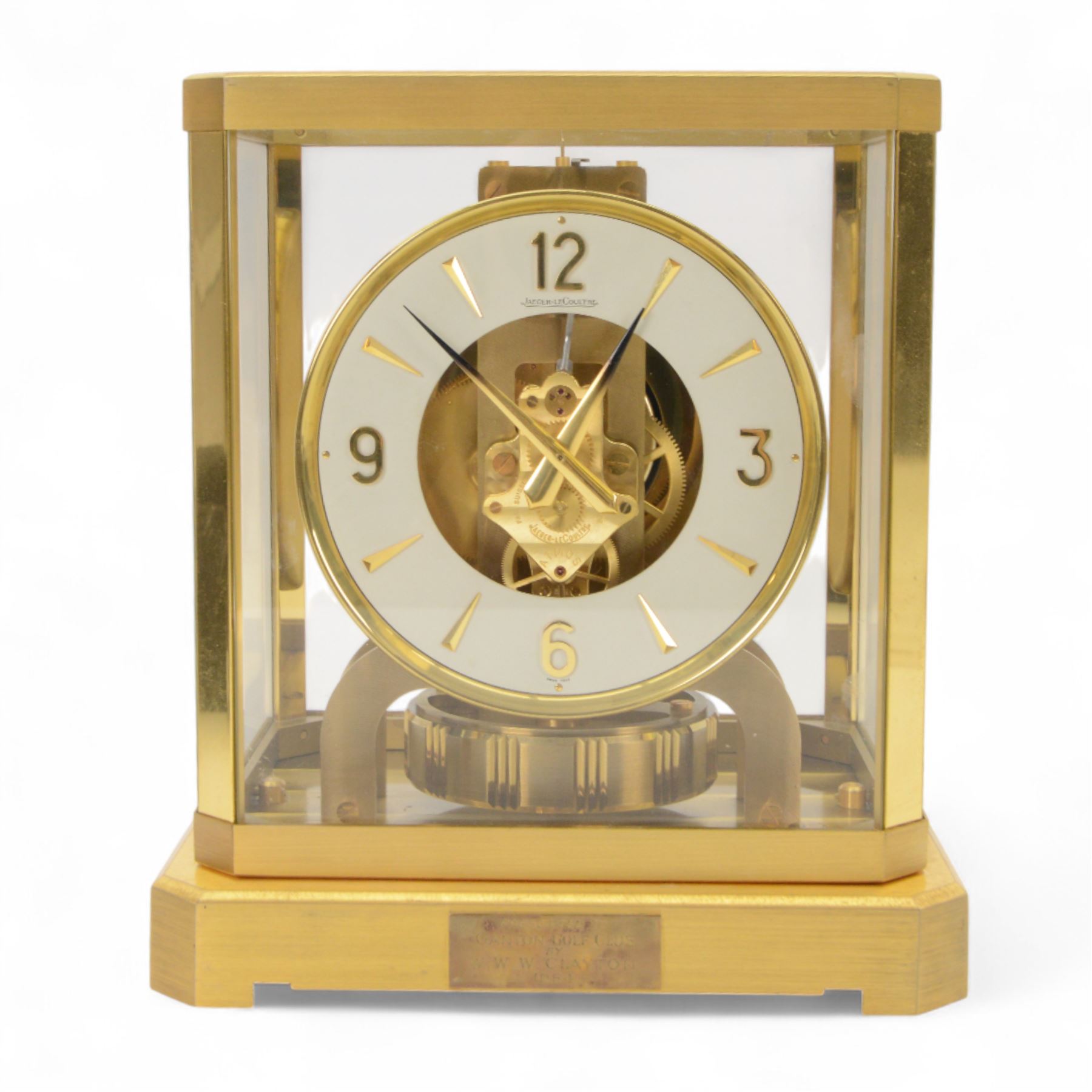 Jaeger-LeCoultre Atmos Clock - Caliber 528-6, 
gold-plated brass with glass panels, 15 jewel movement with atmospheric bellows winding motor, serial number 161881, circa 1960s, with engraved presentation plaque for W.W. Clayton, Canton Golf Club, 1964, in maker's box with instruction booklet, minute hand detached, H23.5xW21xD16cm