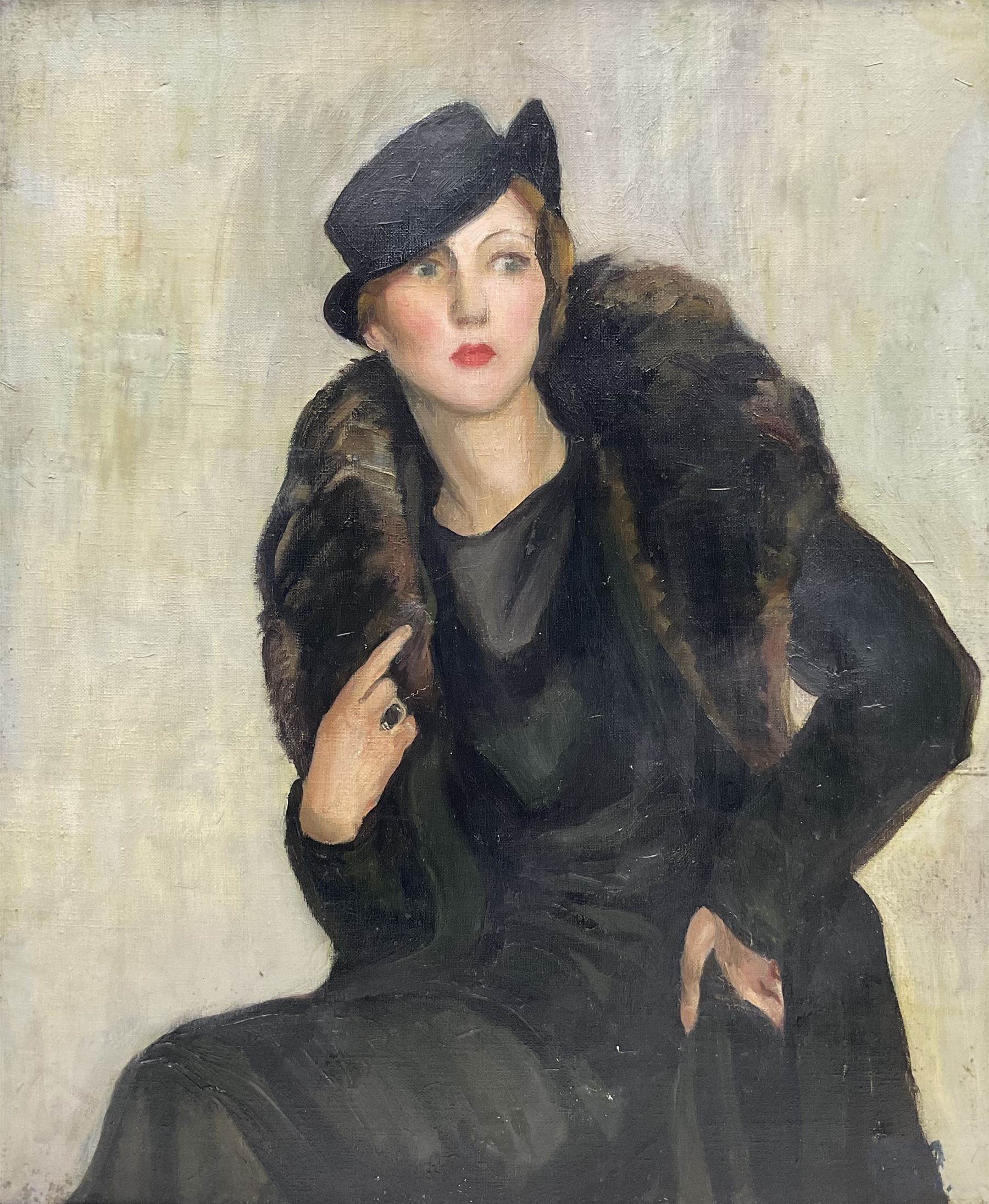 SEM (British early 20th century): Art Deco Portrait of a Lady, oil on canvas signed and dated 1934, 60cm x 50cm