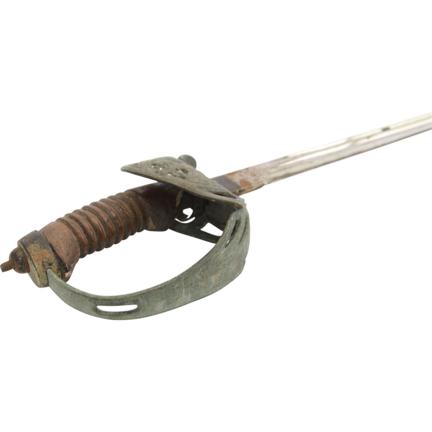 Prussian Cavalry sword Model 1889, with 77cm single edge blade, the folding guard incorporating the Imperial Prussian eagle, stirrup knuckle bow,  in black painted steel scabbard with single suspension ring, overall L94cm 