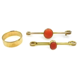  Two gold coral set bar brooches tested 9ct and a gold wedding band hallmarked 9ct   