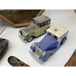 Two Bburago die-cast 'Metal Models' cars comprising Ferrari and Jaguar SS 100, two remote control toy cars, animal figures in glazed wood case etc