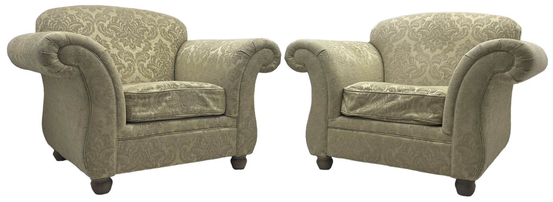 Traditional design three-piece lounge suite - three-seat sofa (W220cm, H90cm, D90cm); two armchairs (W115cm); and two footstools (77cm x 43cm, H31cm); upholstered in cream damask fabric