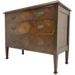 Early to mid-20th century walnut chest, fitted with three graduating drawers with bookmatch veneer facias, raised on square tapering supports