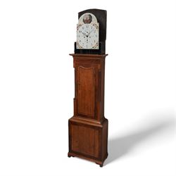 Ralph Weston (III) of Wolsingham (Co Durham) - 30-hour oak and mahogany longcase clock c1815-17, With a swan necked pediment, brass parterre and central spire finial, break arch hood door beneath flanked by reeded pilasters with brass capitals, trunk with recessed reeded pilasters and a crossbanded door with a concave top, square plinth on bracket feet, painted dial with floral depiction to the spandrels and a depiction of a boy attempting to catch birds in the arch, with makers name, Roman numerals, five minute Arabic's, minute track and matching steel hands, with dummy seconds and calendar dials and dummy winding arbors, dial pinned via a cast falseplate by Whittaker & Shreeve to a countwheel striking chain driven movement striking the hours on a bell. With weight and pendulum.
Notes.
The Weston family were a prodigious three generation family of 18th and 19th century Wolsingham clockmakers, all christened Ralph. The maker of this clock Ralph (III) frequently made 30hr clocks such as this possessing features normally found on  8-day clock dials.
Both the clockmaker, clock and dial were the subject of a comprehensive five part article in CLOCKS magazine published between  Nov 2012 and March 2013. The dial of the clock being of particular interest, manufactured by the Haifax firm of Shreve and Whittaker between 1815-17 . 
William Shreeve, a highly respected and competent dial painter went into a short-lived partnership with William Whittaker in 1815, however in 1817 Shreeve died in a tragic accident whereby he was burnt to death whilst preparing some of his own paints and varnishes. 

