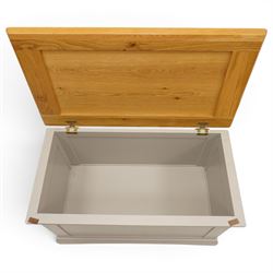Modern bedroom suite comprising; a dresser, blanket box, bedside table, oak tops over a pale blue with wooden turned knobs

Dresser (H 77cm, D 48cm, W 107cm)
Blanket box (H 51cm, D 48cm W 91cm)
Bedside table (H 64cm, D 39cm, W 54cm)