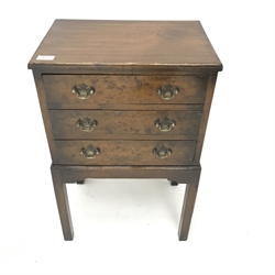 Small early 20th century mahogany chest on stand,  three walnut burr veneered drawers, square supports, W44cm, H68cm, D31cm