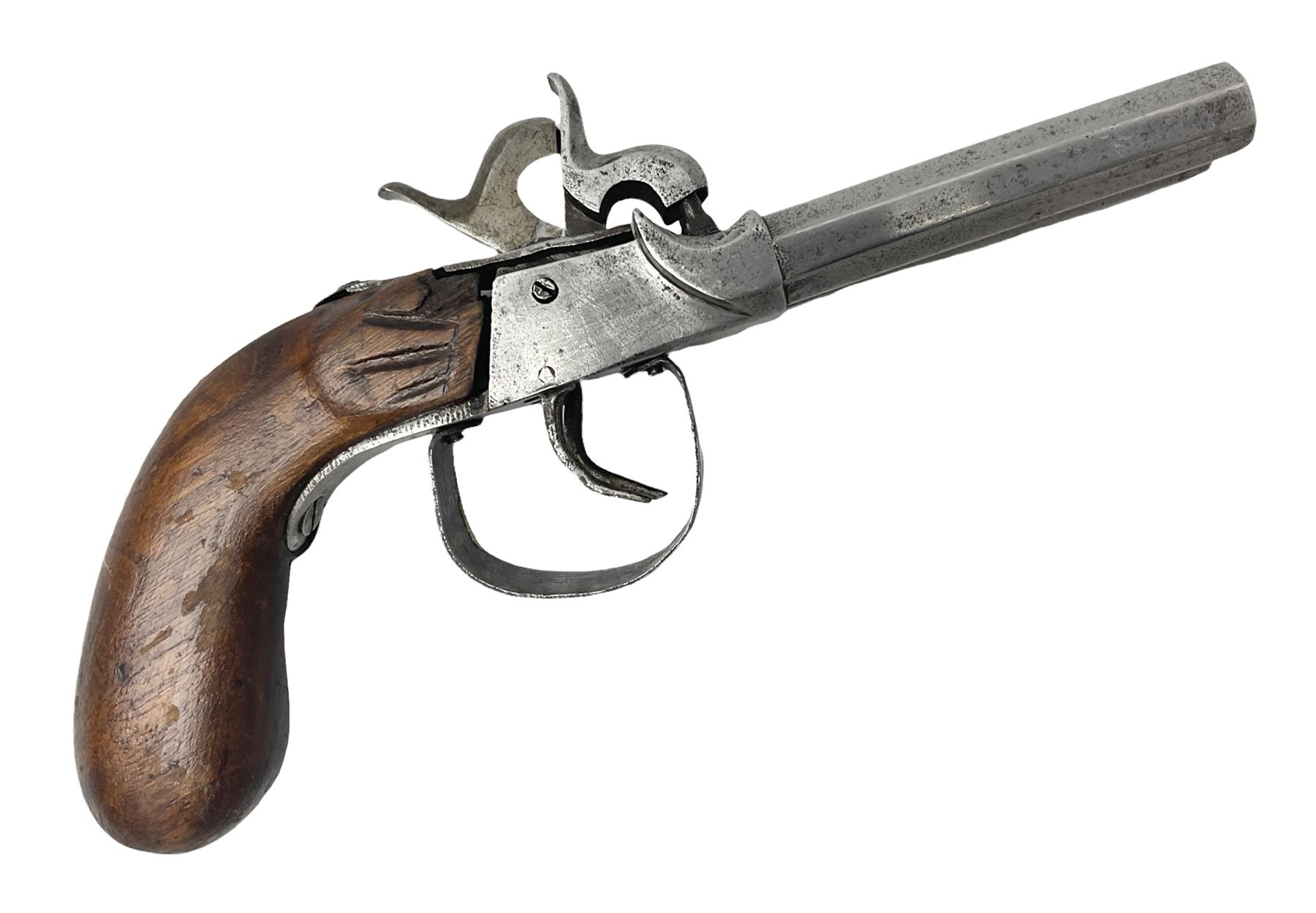 19th century Belgian double barrel side by side percussion pistol, approximately 40 calibre, with 8cm octagonal barrels, and wooden stock L22cm