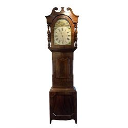 Late 19th century 30 hour Yorkshire mahogany longcase clock, with a swans necked pediment and break arch hood door flanked by two ring turned pilasters, trunk with a short door with a bone escutcheon on a wide plinth with a recessed panel, painted dial with a depiction of a sportsman to the arch and game birds to the spandrels, Roman numerals, minute markers and brass hands, chain driven countwheel striking movement. With weight and pendulum.