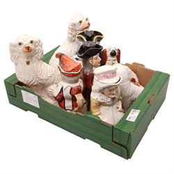 Pair of Staffordshire pottery spaniels H32cm, smaller pair and three Toby jugs