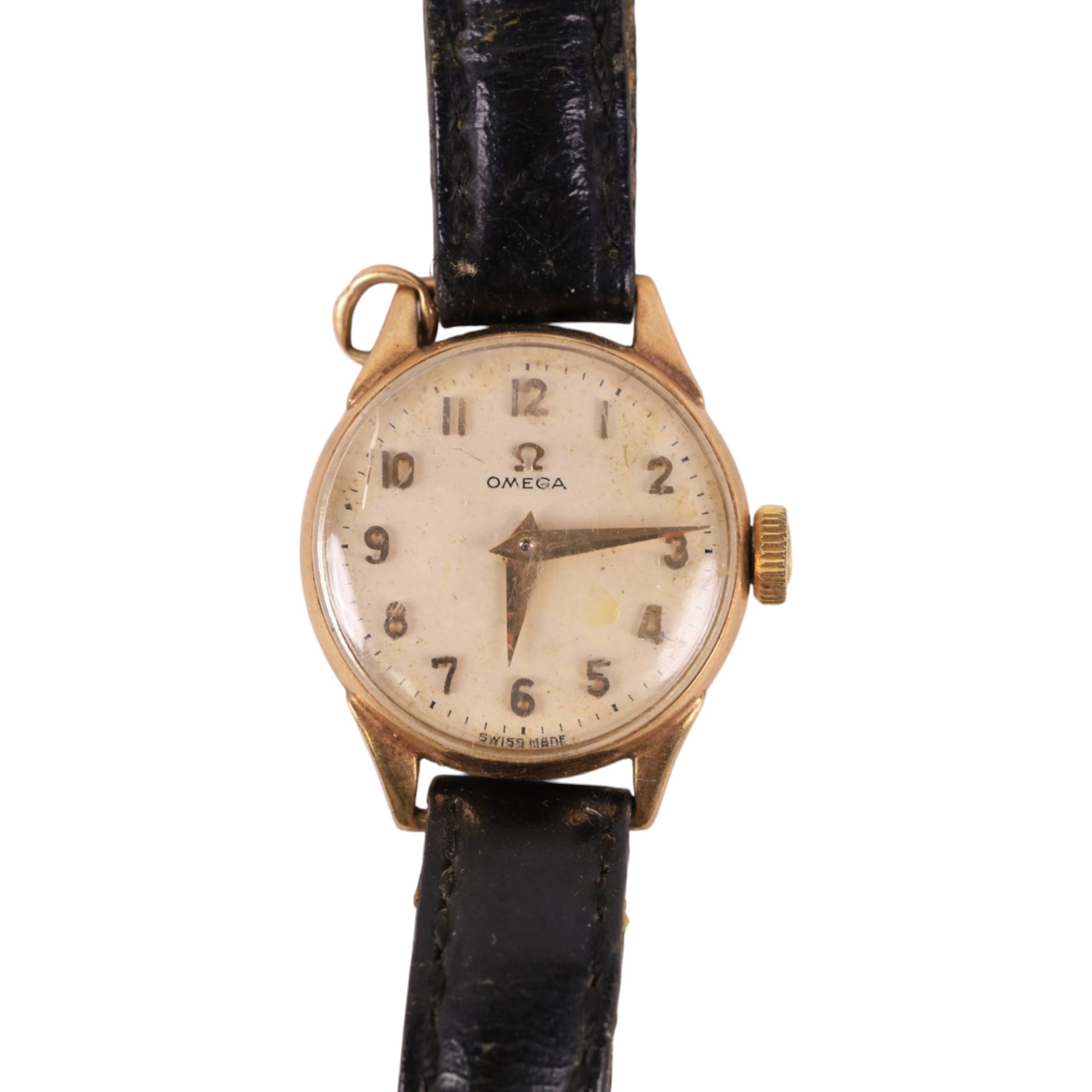 Omega ladies 9ct gold manual wind wristwatch, hallmarked, on leather strap