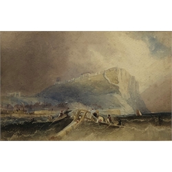 Circle of John Wilson Carmichael (British 1799-1868): 'Salvaging off Scarborough', watercolour unsigned 15cm x 24cm