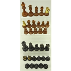  Jacques Staunton pattern box wood and ebony chess set with weighted bases,  Rooks stamped with crown, in mahogany box, the lid with label 'The London Advertiser Chess Problem Solution Journey, First Prize won by 