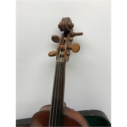 Late 19th/early 20th century violin with baroque style short neck, 35.5cm one-piece maple back and ribs and spruce top, 58cm overall, in ebonised wooden 'coffin' case with bow