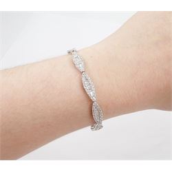 18ct white gold round brilliant cut and baguette cut diamond, marquise shaped link bracelet, hallmarked, total diamond weight approx 3.00 carat