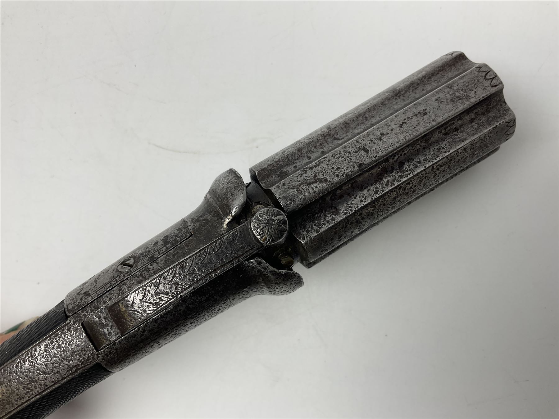 19th century percussion six-shot pepperbox revolver, approximately 32 calibre with 7.5cm barrels, L21cm overall