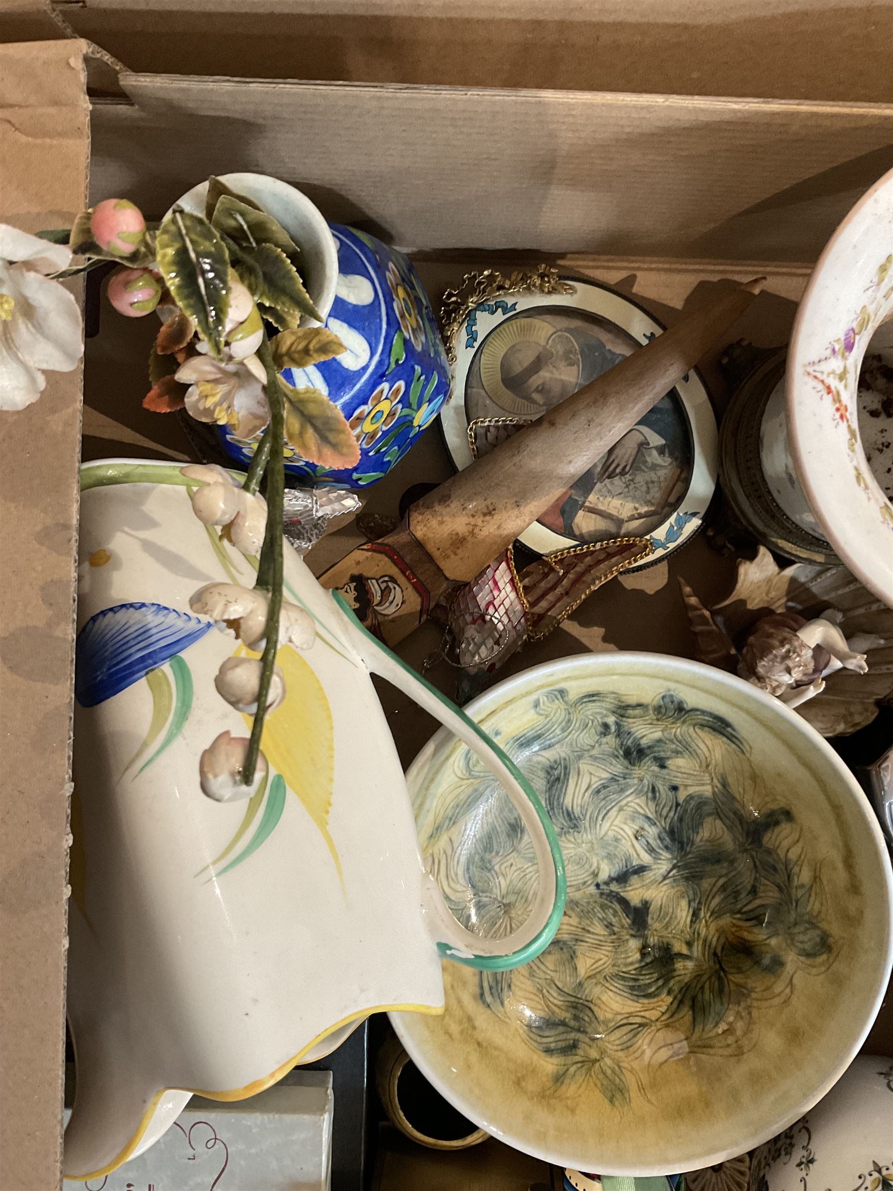 Mixed ceramics, to include a Susie Cooper jug, studio pottery dish, Delft clock, Coalport Mulberry Hall pot and reproduction mascaron jug, contents in two boxes