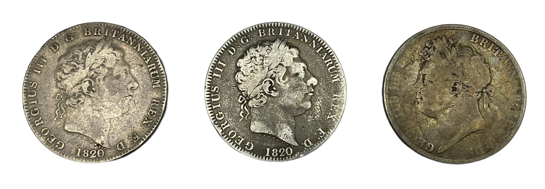Two George III 1820 crown coins and a George IIII 1821 crown coin (3)