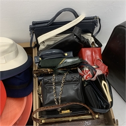 A collection of Vintage ladies and gentlemen's hats, to include felt examples, and examples by Christy, Ischler Hut, Bermona, together with a selection of various Vintage and later handbags, to include three Alligator examples, and a number of leather examples. 