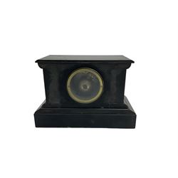 French - 19th century Belgium slate 8-day mantle clock, in a break front case with a flat top on a broad plinth, white enamel dial with Roman numerals and steel moon hands, striking movement, striking the hours and half hours on a bell. With pendulum.