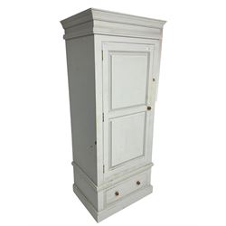 Painted pine single wardrobe, projecting cornice over panelled door, fitted with single drawer to base