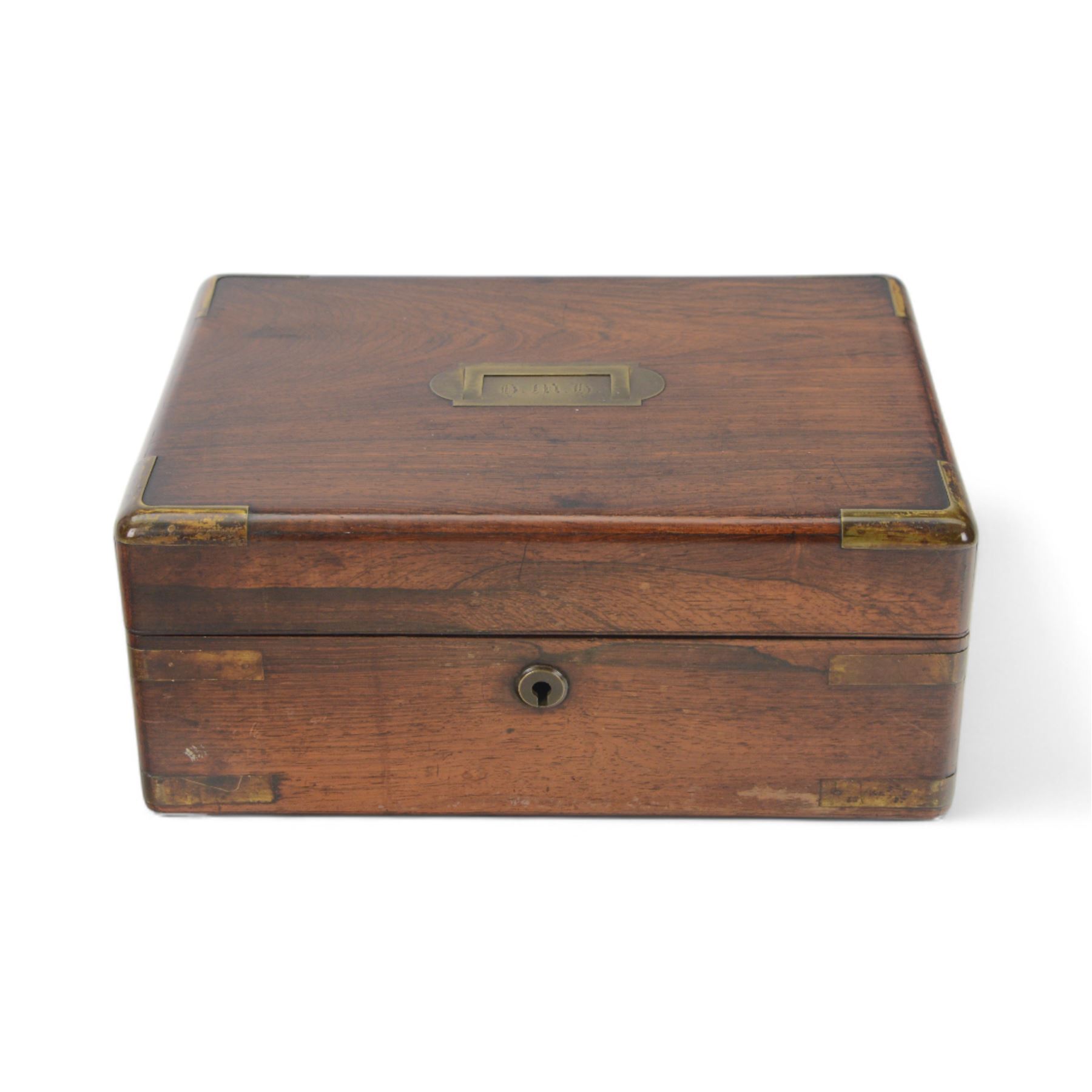 Victorian rosewood brass-bound work box, of rectangular form with flush brass handle engraved with initials, H13cm, W30cm