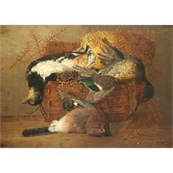 EFW (British 19th century): Dead Game in a Basket, oil on canvas signed with initials and dated 1893, 40cm x 55cm