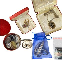 9ct gold brooch, simulated pearl necklace with a 9ct gold clasp, silver brooch, costume jewellery, and silver topped jar