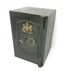 Victorian cast iron safe single door enclosing two drawers, green painted finish, royal coat of arms, 'Thomas Skidmore & Son, Wolverhampton' with single key, W49cm, H72cm, D47cm