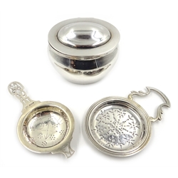 Silver tea caddy, hinged lid by William Hutton & Sons Ltd Birmingham 1899, two 1940's hallmarked silver tea strainers approx 8oz