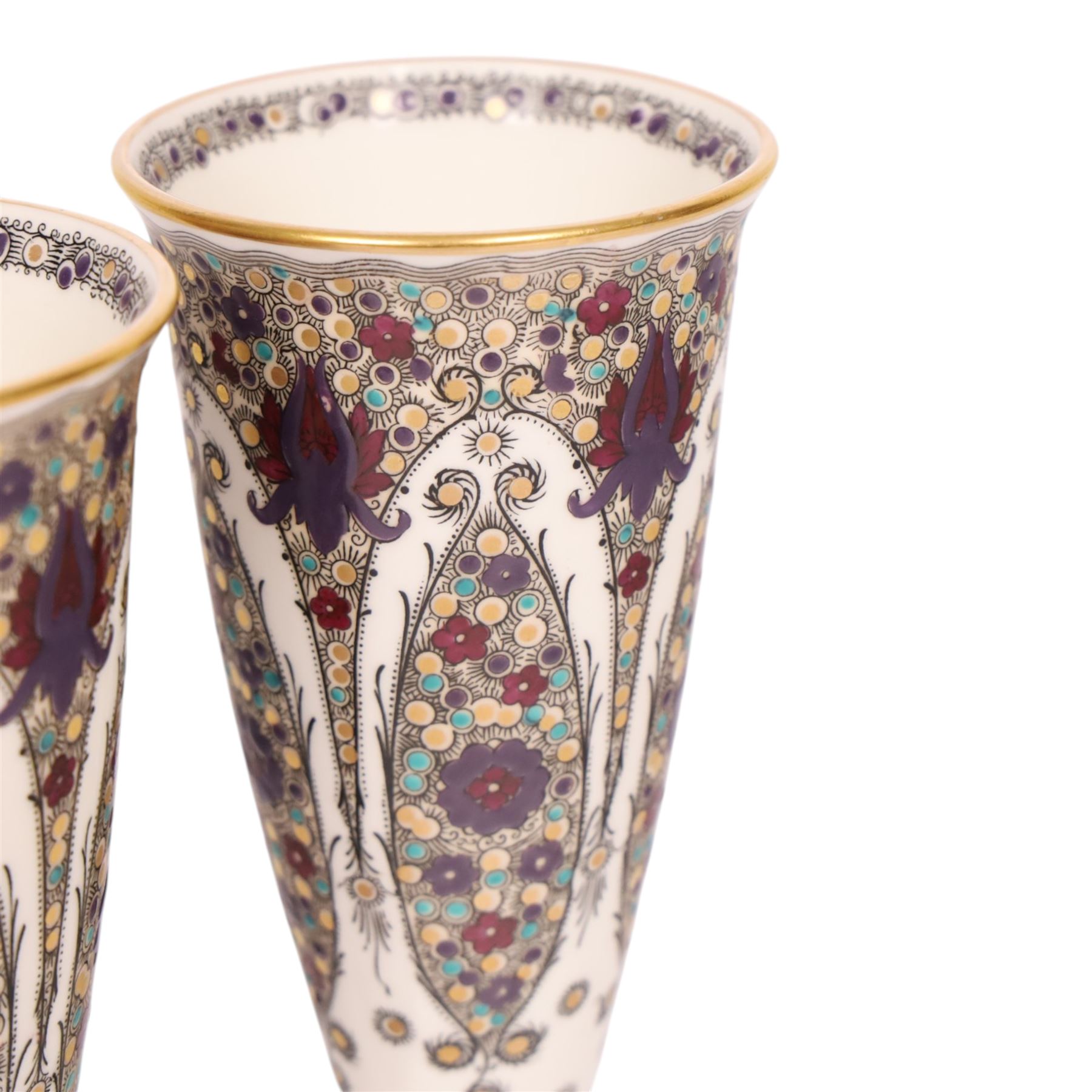 Pair of early 20th century Royal Worcester shape 2601 vases, painted with peacock feather design, marked in puce to base H16.5cm 