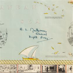 English School (Mid-20th century): 'Historical Record of the 46 Survey Company of the South African Engineer Corps - North African Campaign 1942-43', coloured pictorial map signed by Field Marshall Bernard Montgomery and Major General Frank Theron of the British Eighth Army in pen 47cm x 58cm
Notes: This commemorative map has no single cartographer; it was created collectively by the company to celebrate their military achievements during the campaign. The map reads 'drawn and printed by us in the desert just for fun' at the lower right corner.