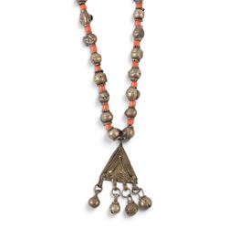 Collection of Middle Eastern jewellery, including silvered multi strand necklace with beadwork and filigree decoration with three cylindrical pendants, pendant necklace with central orange cabochon, beadwork choker and similar  