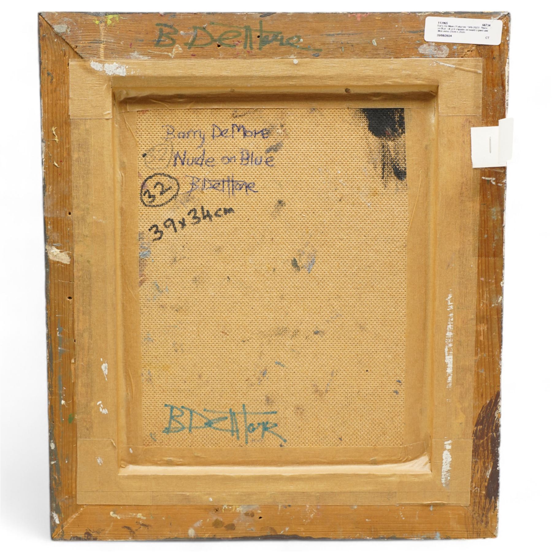 Barry De More (Yorkshire 1948-2023): 'Nude on Blue', oil and impasto on board signed and titled verso 25cm x 20cm
Notes: Acclaimed as one of the North's greatest expressionist artists, Barry De More (1948-2023) used a heavy impasto style to transfer his love of Yorkshire landscapes, townscapes and people to canvas. His work sits comfortably in the company of work by Kossoff and Auerbach, selling to collectors in the UK and overseas. De More's work can be found in the permanent collection of work by Northern Artists at Dean Clough, one of the UK's largest contemporary art galleries.