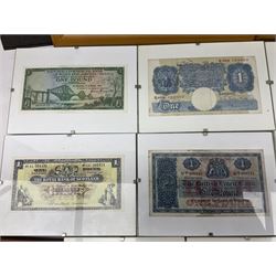 Banknotes and stamps, including Bank of England O'Brien one pound 'T05K', Peppiatt one pound 'B49H', two Lowther and one Kentfield five pound notes, The British Linen Bank 5th February 1946 one pound 'W/1 209243', United States of America series D 1969 one dollar etc