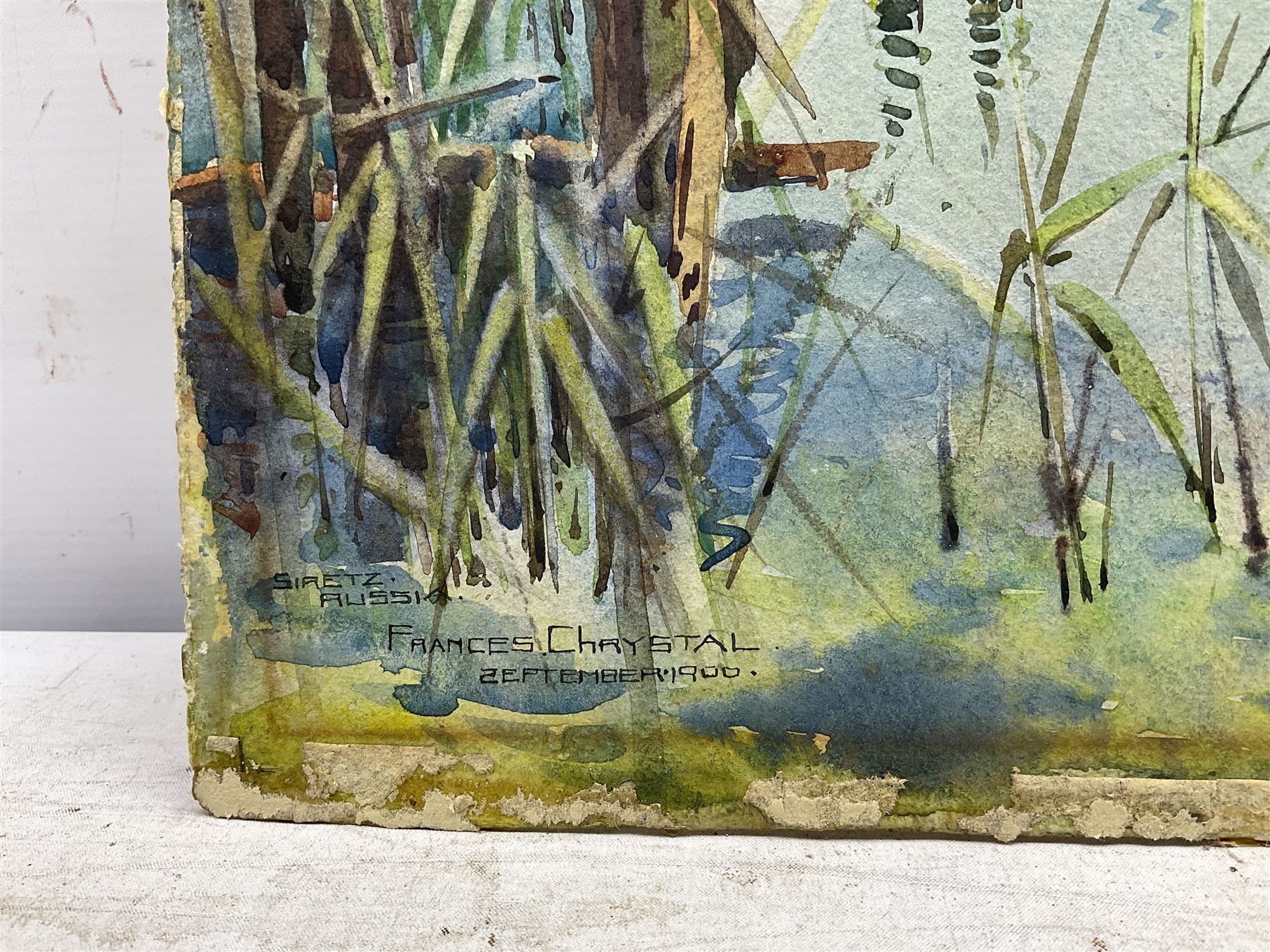 Frances A Chrystal (19th/20th century): 'Siretz Russia', watercolour signed titled and dated 1900, 49cm x 27cm; a similar landscape a study of a Milan Church window (unframed) (3)
Notes: Chrystal studied Manchester School of Art, one inscribed verso